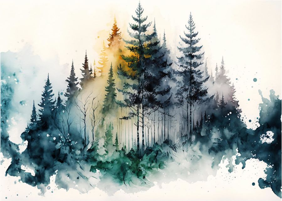 Green Forest Trees Winter Watercolor