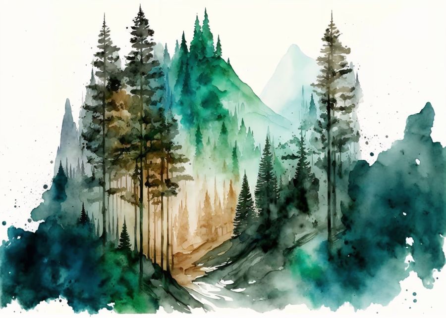 Green Mountain Forest Trees Watercolor