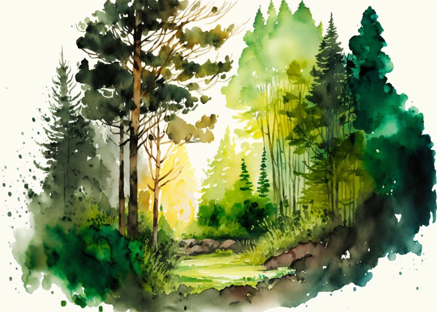 EcoArtLab Originals, Green Watercolor Forest Landscape