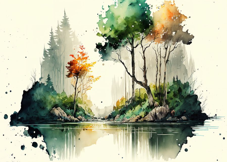 EcoArtLab Originals, Minimalist Forest River Landscape Green