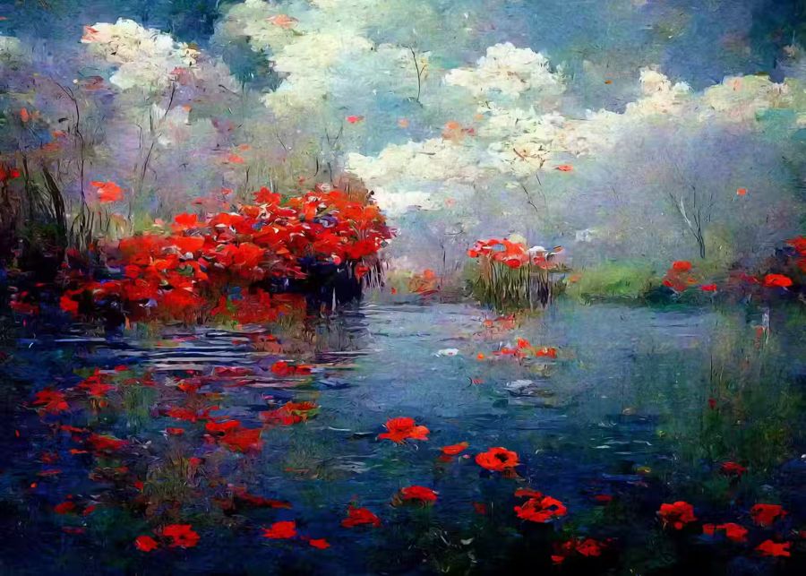 Monet Flowers River Clouds Inspired