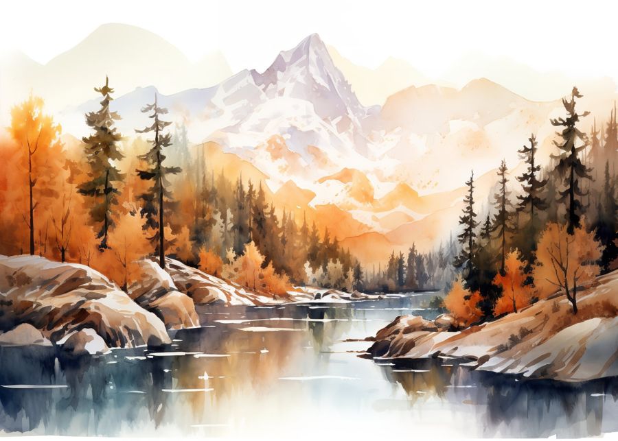 Mountain Forest River Fall Watercolor