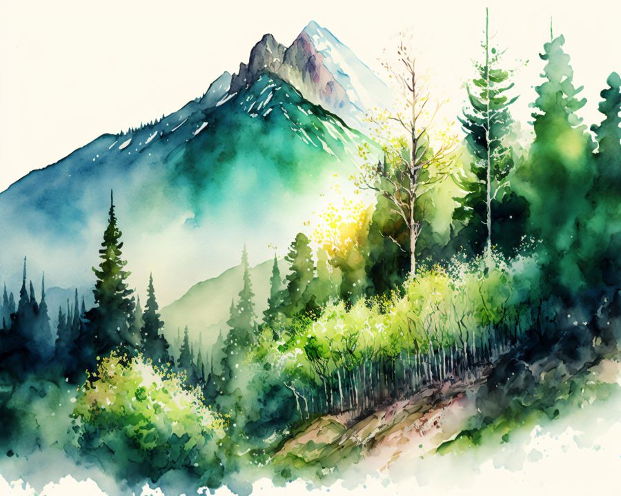 EcoArtLab Originals, Mountain Forest Watercolor Forest