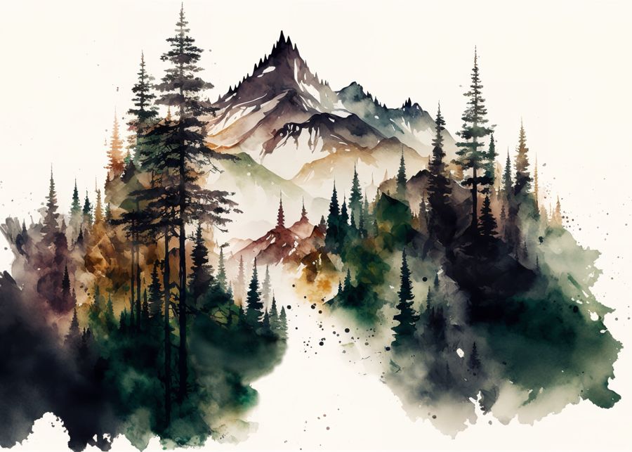 EcoArtLab Originals, Mountain Landscape Forest Watercolor