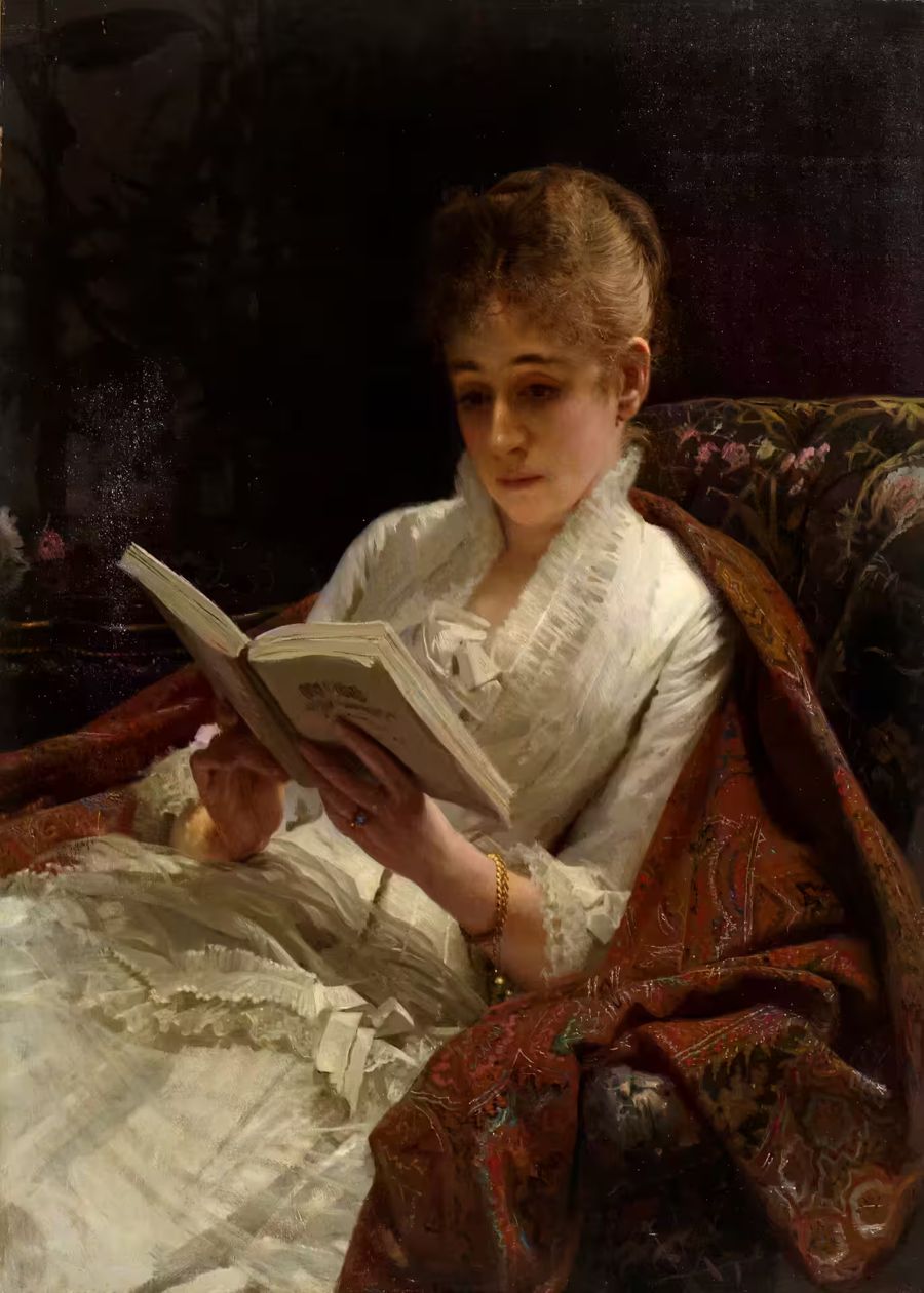 , Portrait Woman Reading Antique Oil