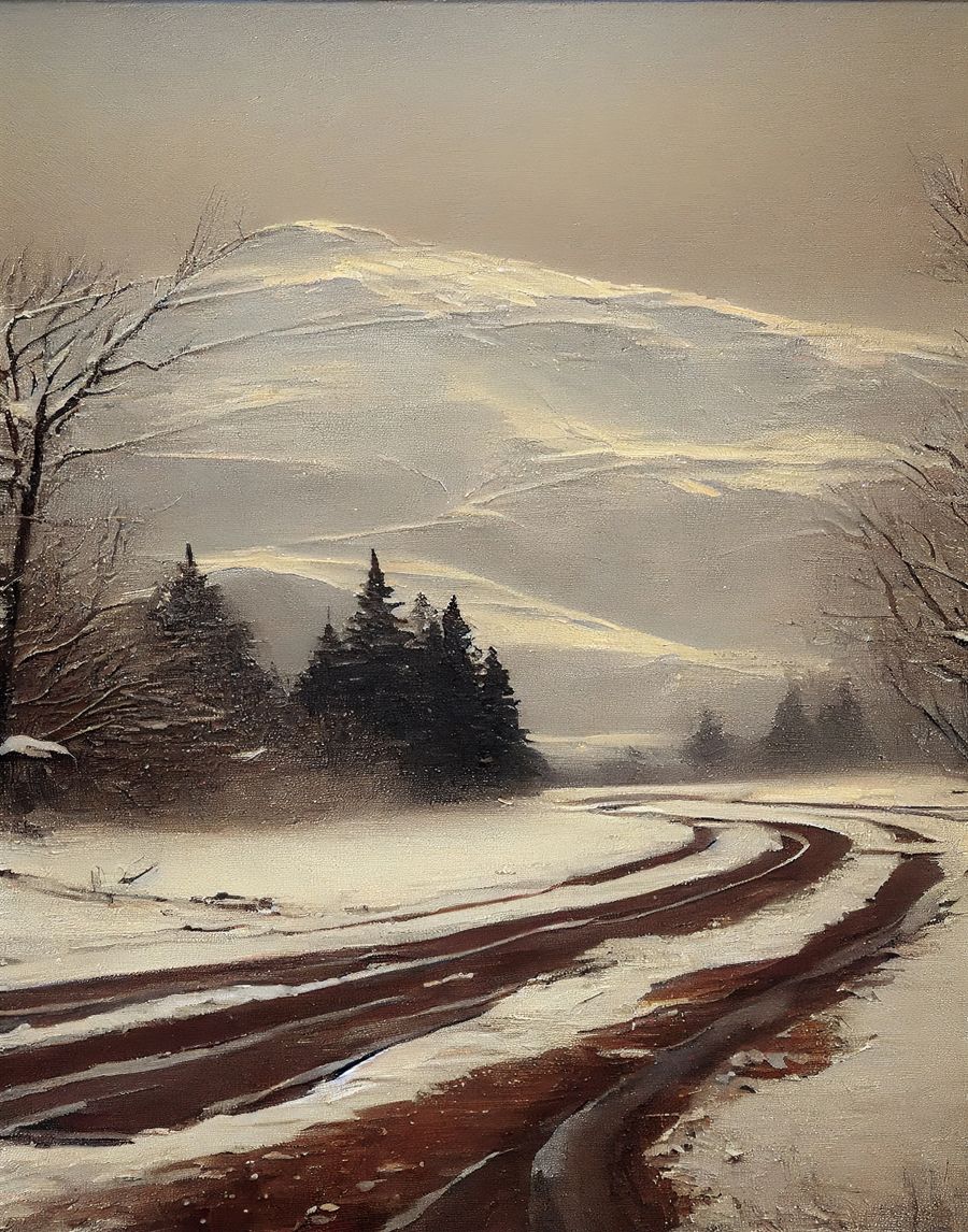 , Rustic Winter Snowy Road Mountain