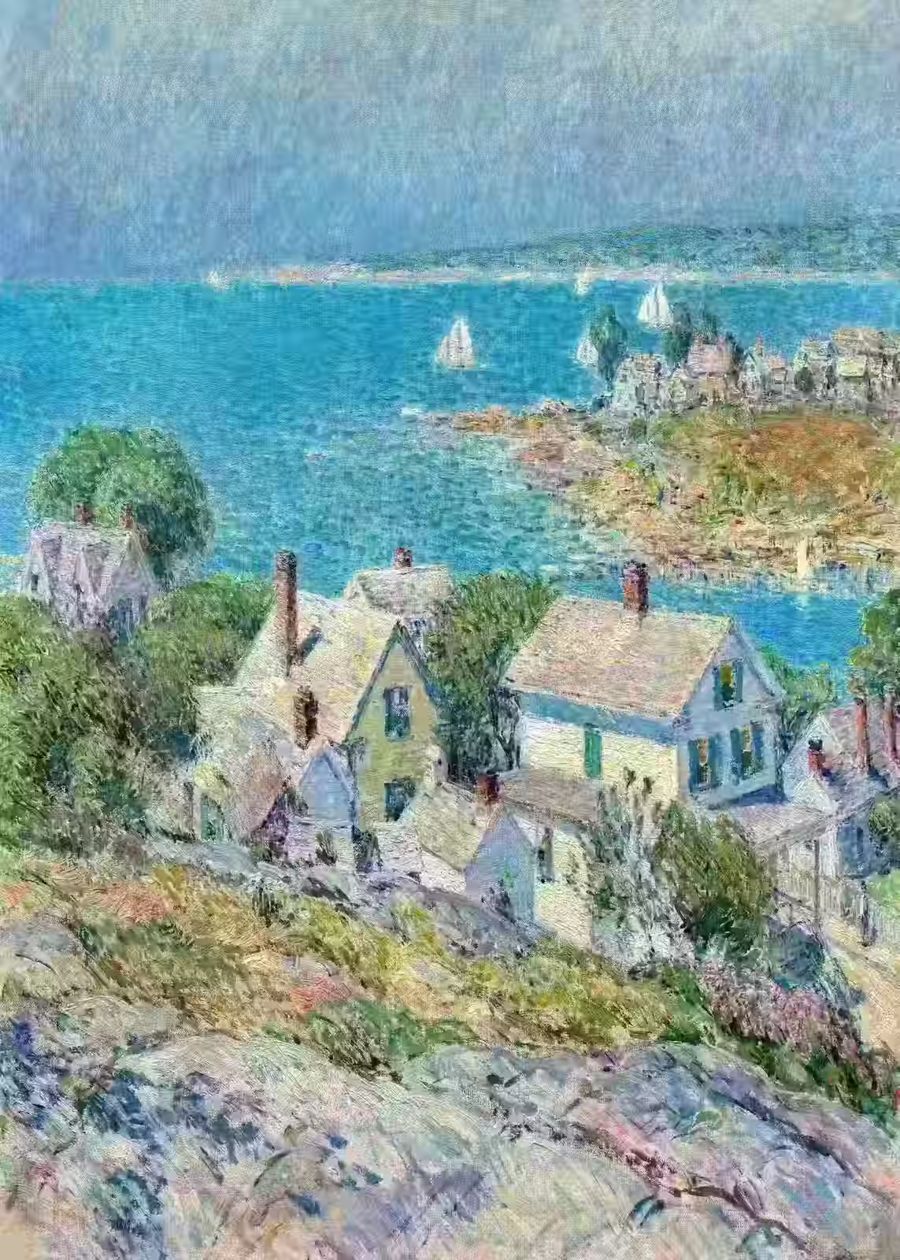 , Seaside Town Impressionist Landscape