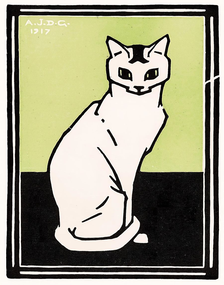 , Sitting Cat Nouveau Cat Retro