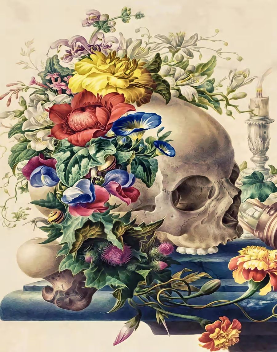 , Skull Colorful Flowers Floral