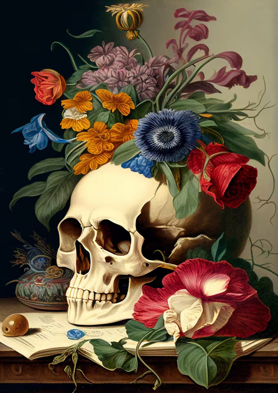 , Skull Style Skull Colorful Flowers