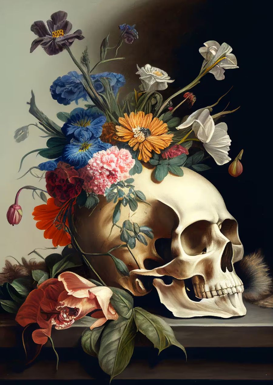 , Skull Style Skull Colorful Flowers