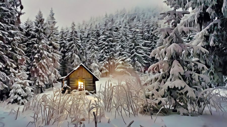 , Small Cabin in Snow