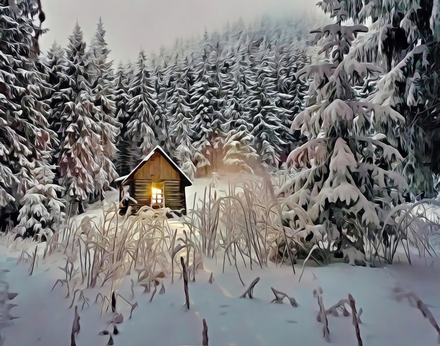 , Small Cabin Snow Winter Landscape