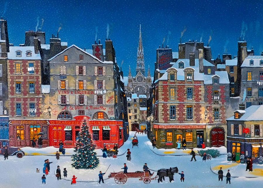 , Snowy Christmas City View Antique