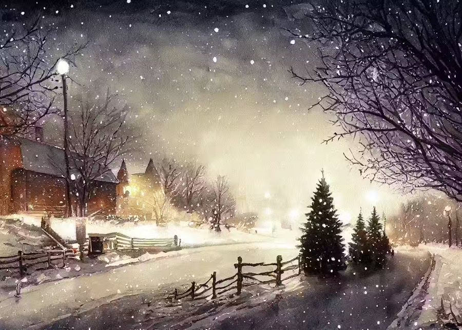 , Snowy Sunset Rustic Country Winter