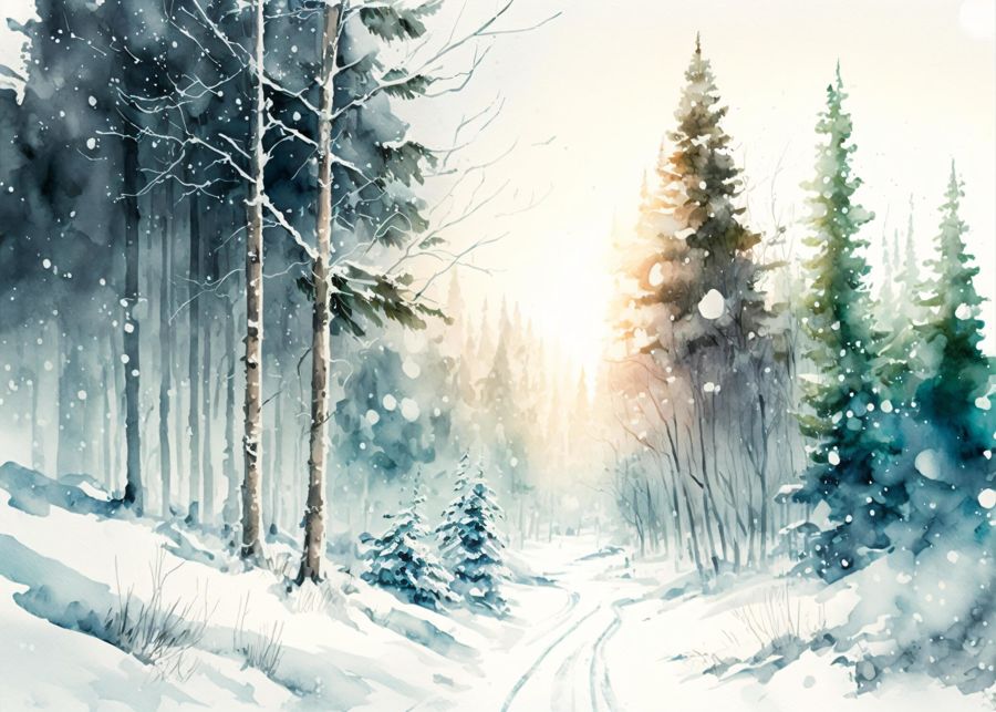 EcoArtLab Originals, Snowy Winter Forest Watercolor
