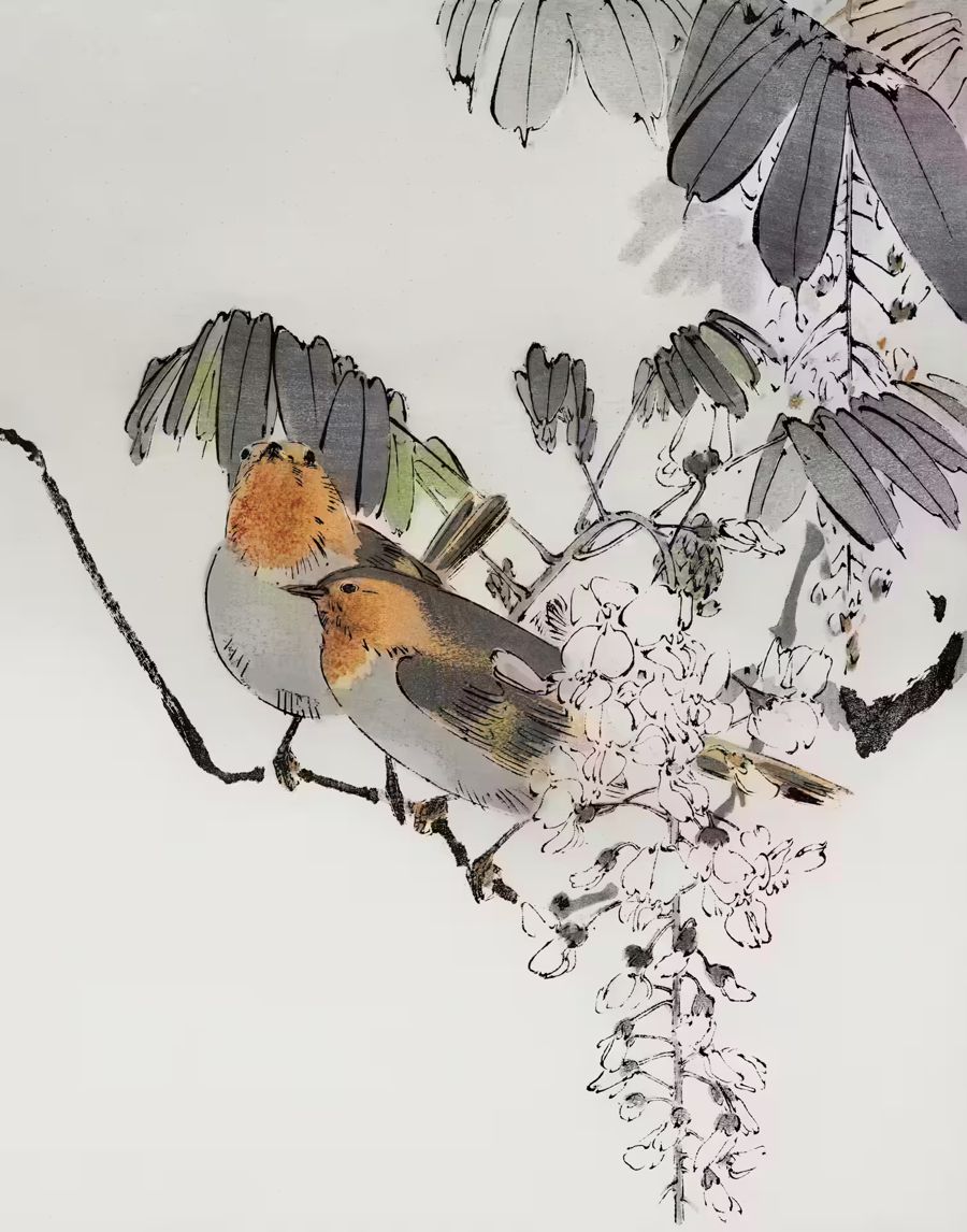 , Sparrows Perched Branch Japanese