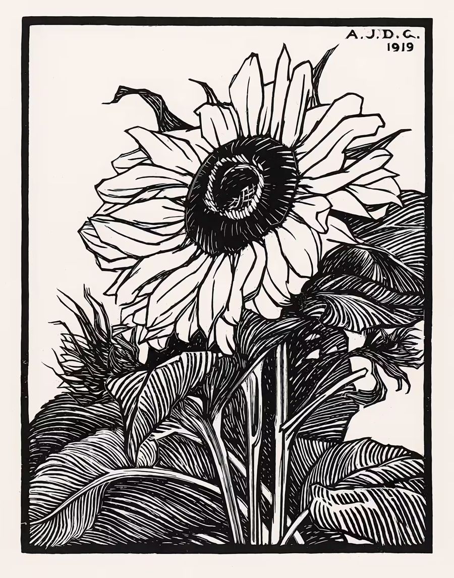, Sunflower Nouveau Floral Black White