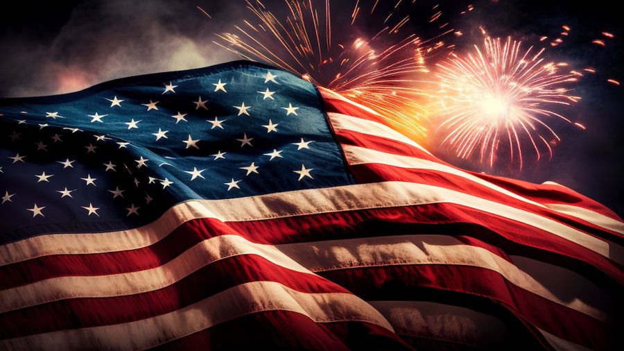 , USA Flag Fireworks in Background
