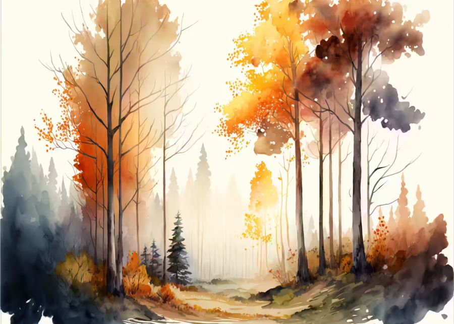 Watercolor Autumn Forest Trees Forest