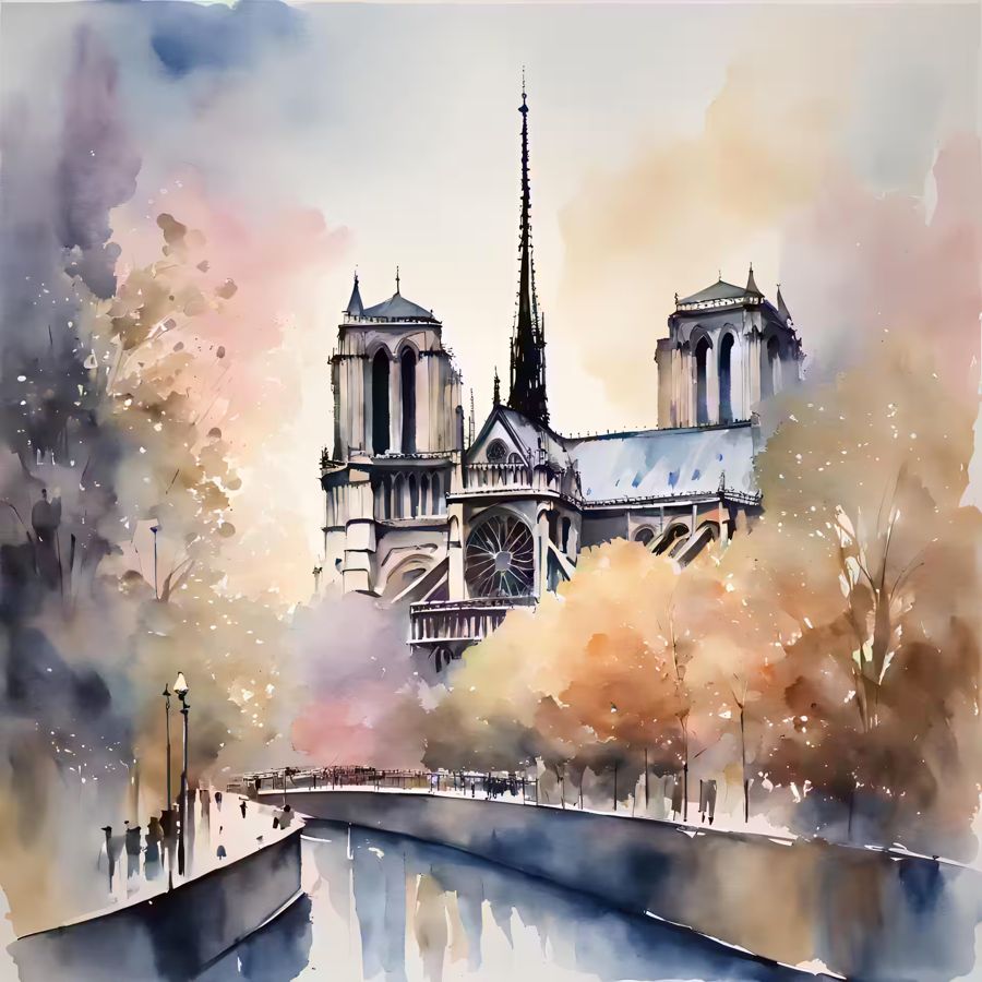 EcoArtLab Originals, Watercolor Cityscape I Notre Dame