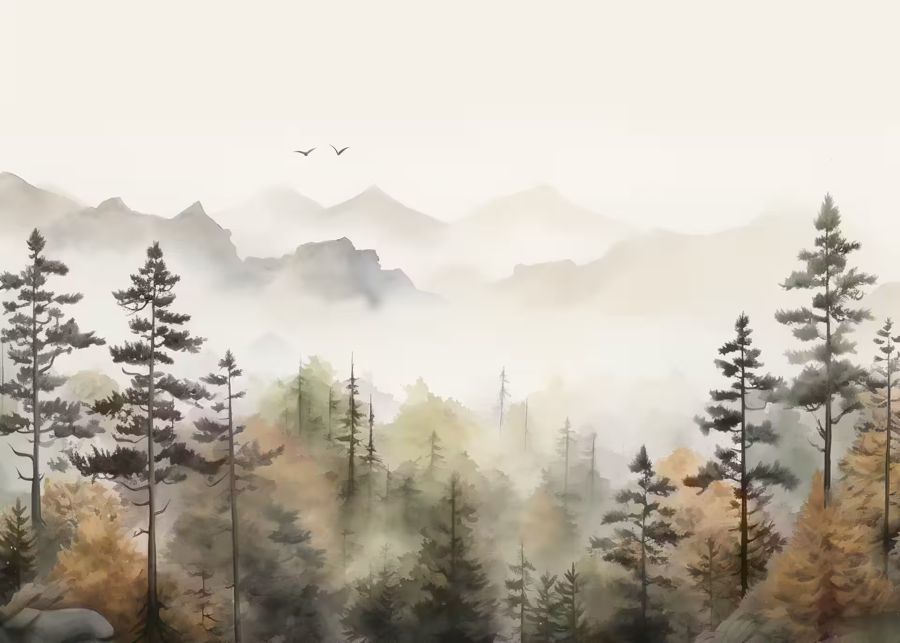 EcoArtLab Originals, Watercolor Forest Landscape Fall Autumn