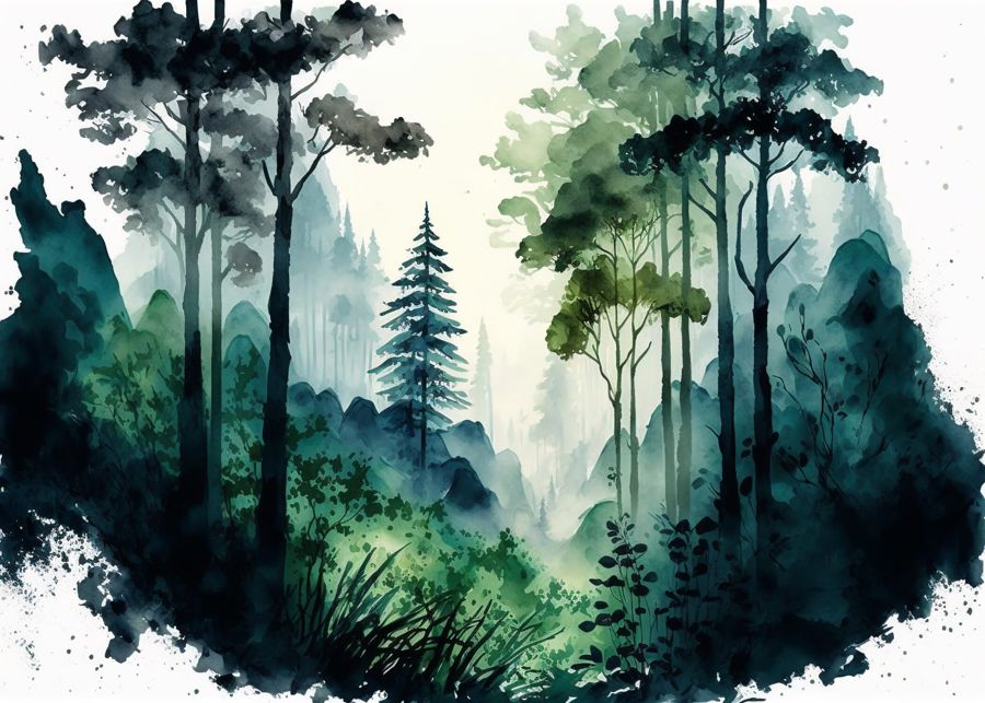 EcoArtLab Originals, Watercolor Forest Landscape Green
