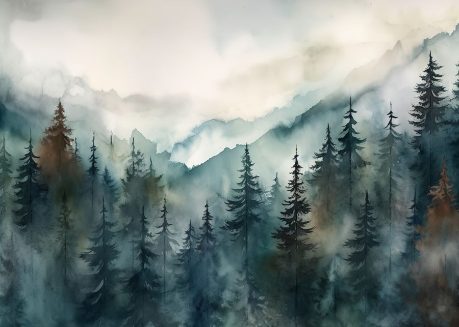 EcoArtLab Originals, Watercolor Forest Landscape Green