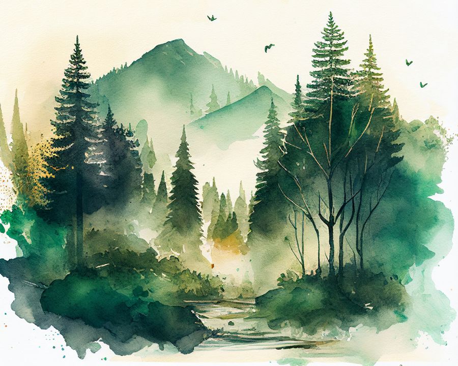 EcoArtLab Originals, Watercolor Forest Mountain Landscape