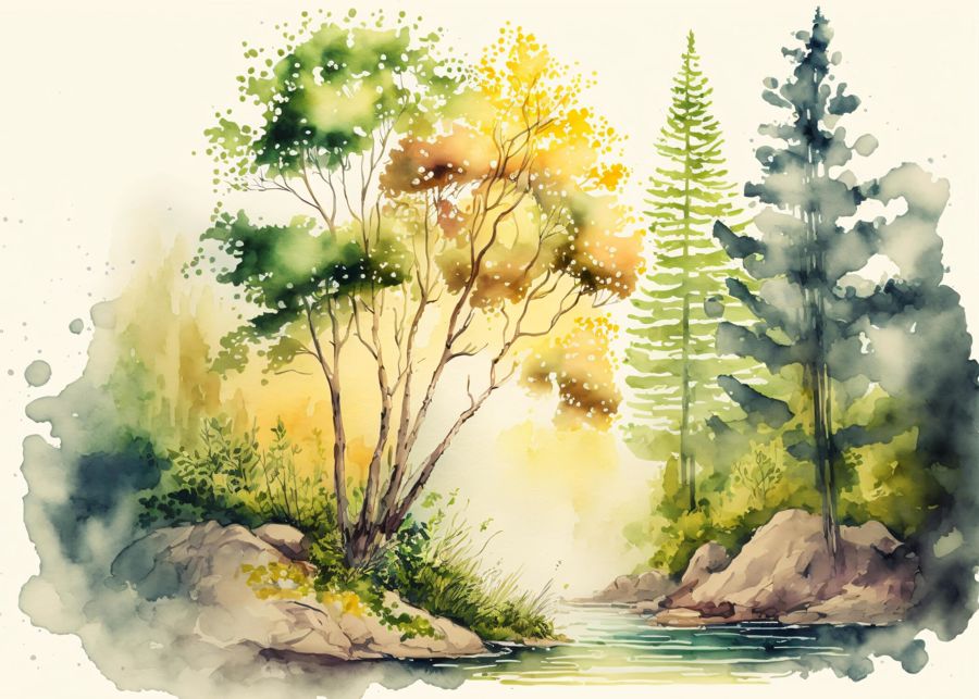 EcoArtLab Originals, Watercolor Forest River Landscape
