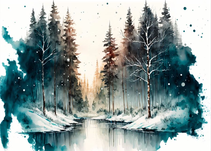 EcoArtLab Originals, Watercolor Winter Forest River