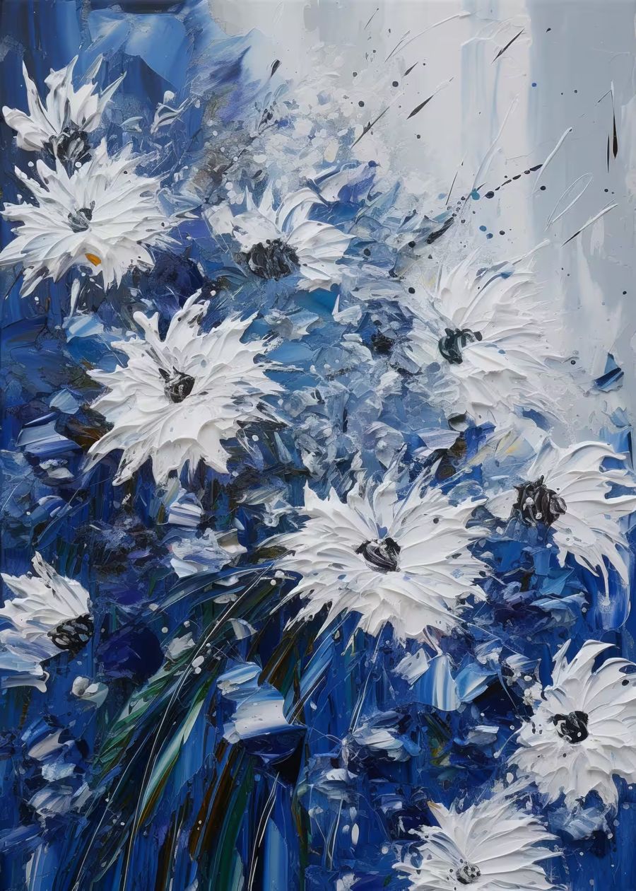 EcoArtLab Originals, White Blue Flowers Textured Floral