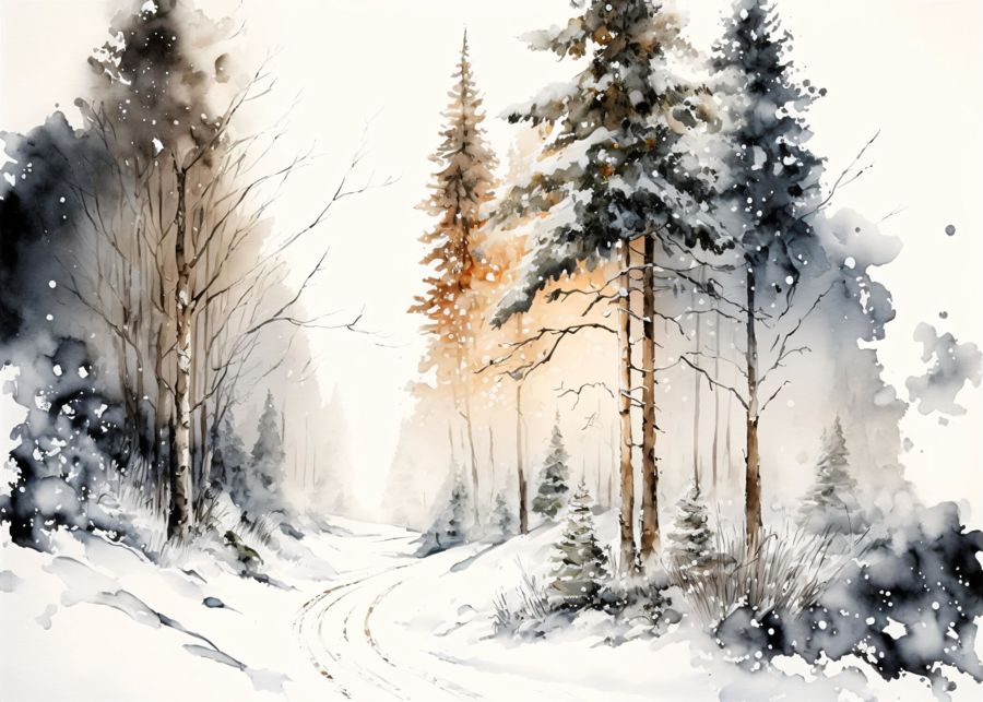 EcoArtLab Originals, Winter Forest Trail Watercolor