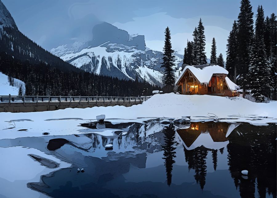 , Winter Log Cabin Snowy Mountains