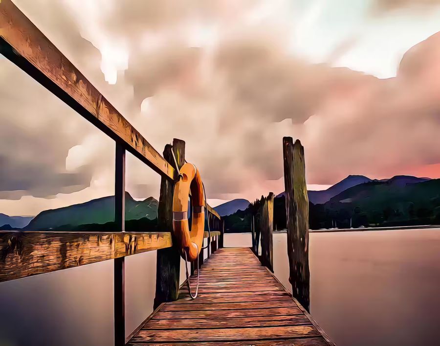 , Wooden Pier Lake Sunrise Wooden