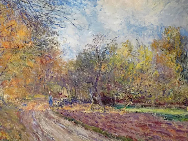 Edge of a Forest in Autumn by Alfred Sisley, horizontal tablet wallpaper