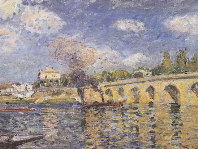 River Steamboat and Bridge by Alfred Sisley, horizontal tablet wallpaper