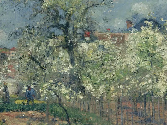 The Garden Of Maubuisson Pontoise Pear Trees In Bloom by Camille Pissarro, horizontal tablet wallpaper