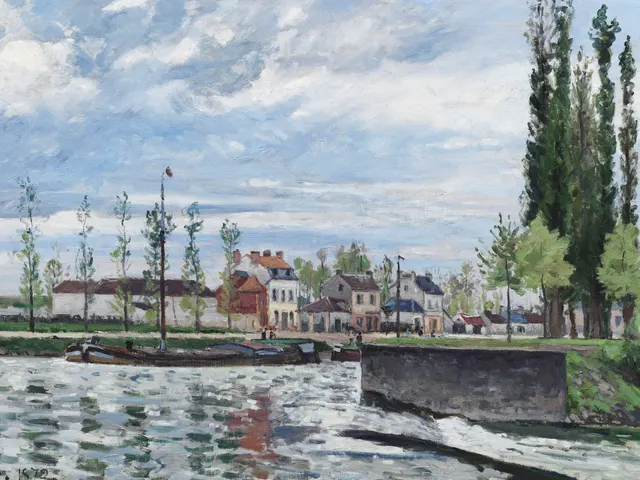 The Lock at Pontoise by Camille Pissarro, horizontal tablet wallpaper