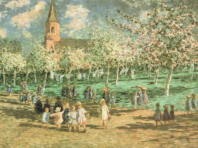 Flowering Orchard and Schoolchildren by Jenny Montigny, horizontal tablet wallpaper