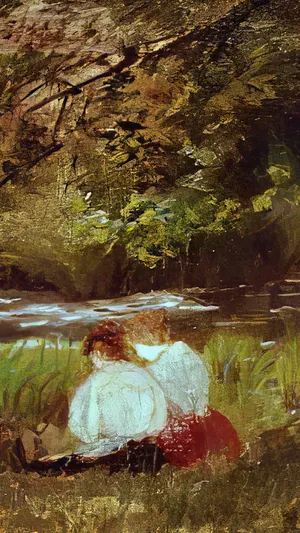 Two Women Seated by a Woodland Stream wallpaper