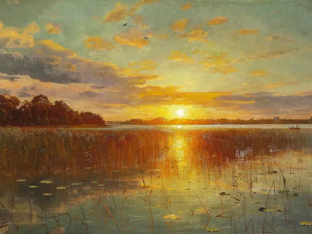 Sunset over a Danish Fiord by Peder Mønsted, horizontal tablet wallpaper
