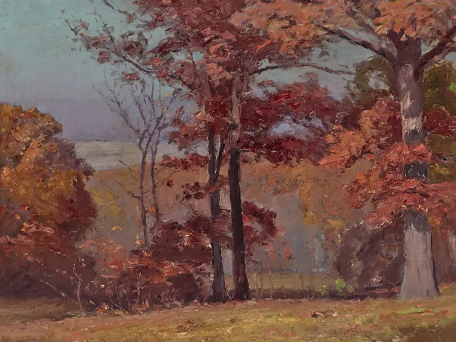 When the Oaks are Red by Theodore Clement Steele, horizontal tablet wallpaper