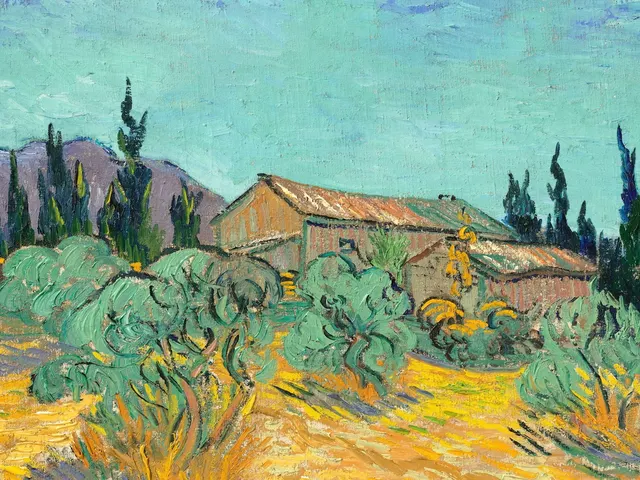 Wooden Sheds among Olive Trees and Cypresses by Vincent van Gogh, horizontal tablet wallpaper