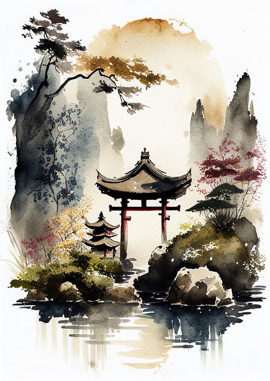 , Zen Garden Japandi Landscape Watercolor
