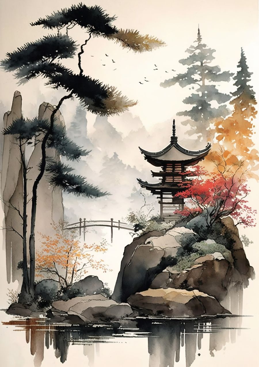 , Zen Japandi Landscape Watercolor