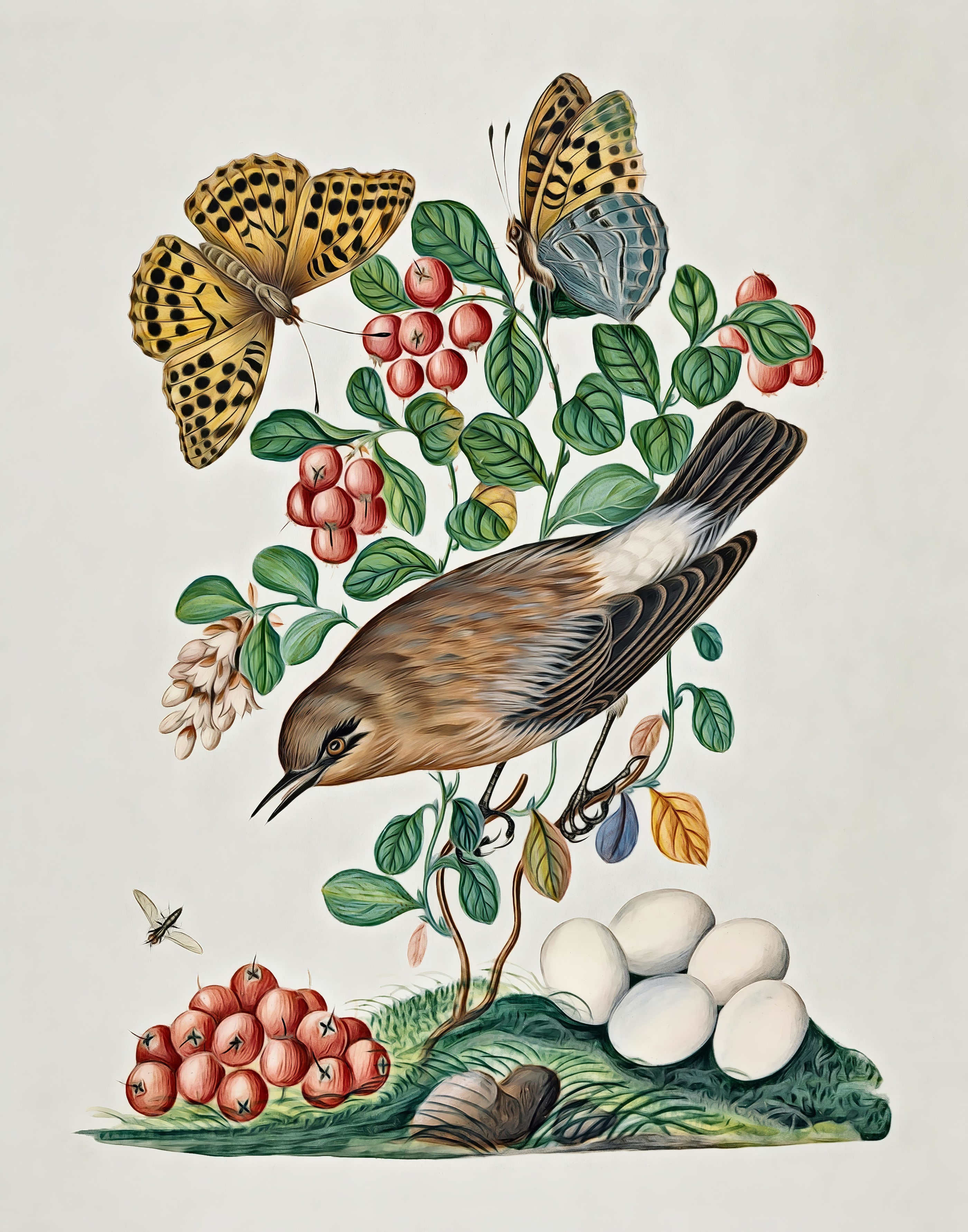 Northern Wheatear Berries Botanical, printable wall art.