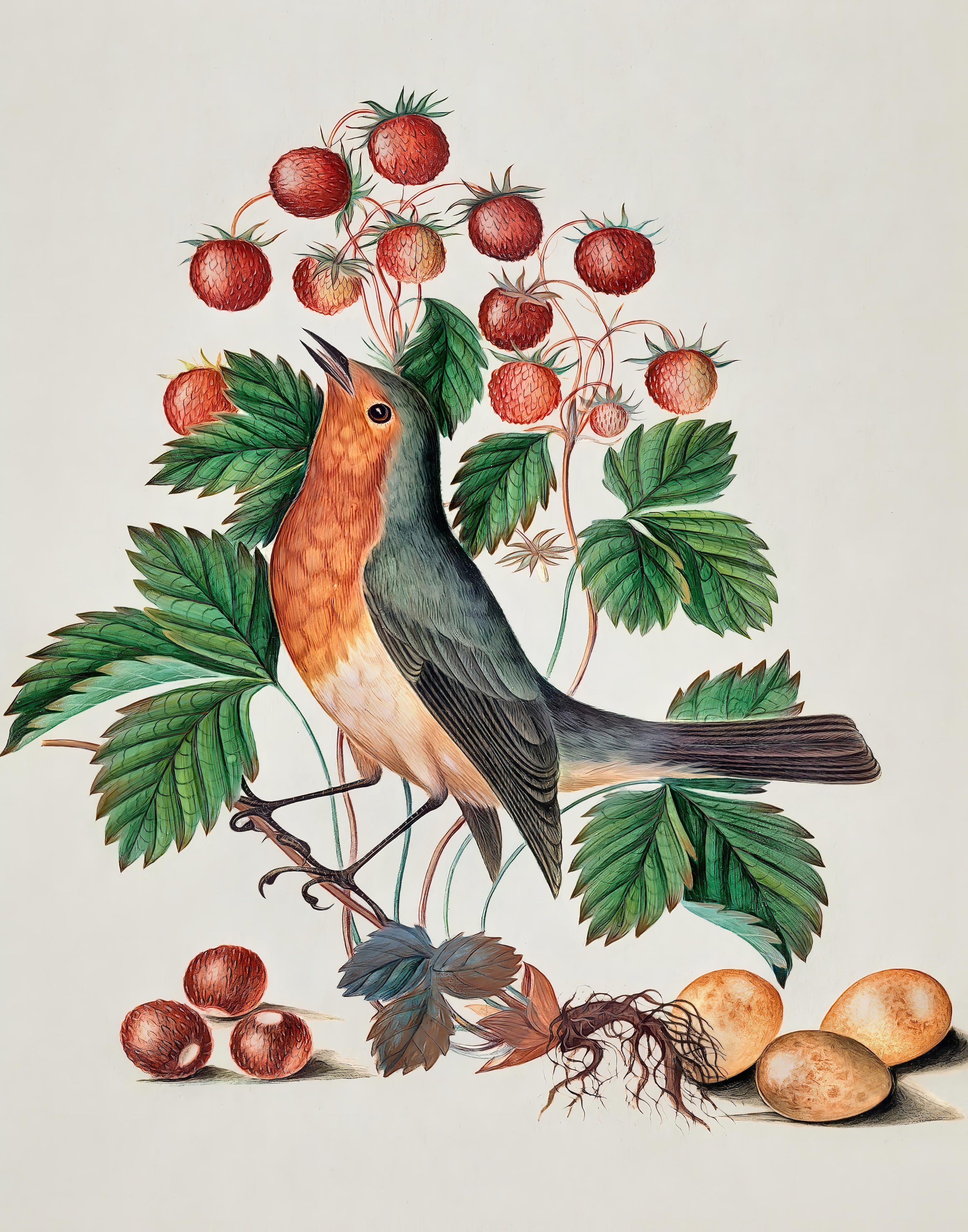 Robin Wild Strawberry Botanical Bird, printable wall art.
